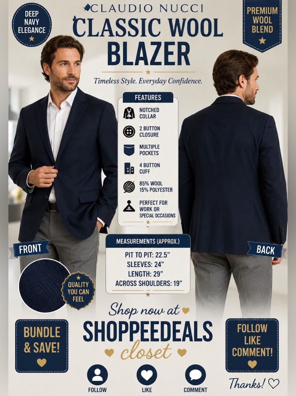 Wilke-Rodriguez Modern Fit Wool Blend Sport Coat Blazer – Men’s 42 Short